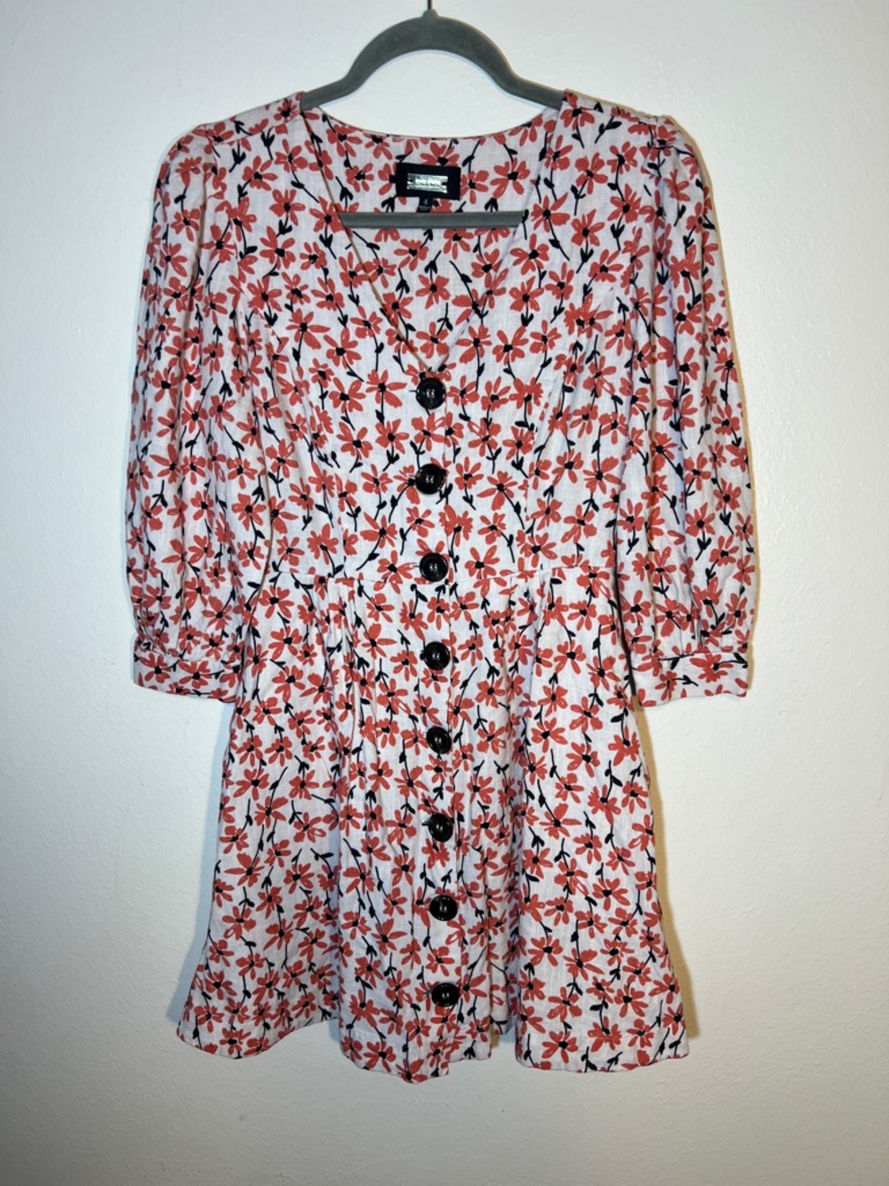 Alexia Admor Cream Coral Daisy Floral Mini Dress Button Front Short Sleeve 4 Sml